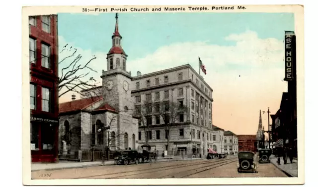 First Parish Church and Masonic Temple, Portland Maine - Unposted Postcard