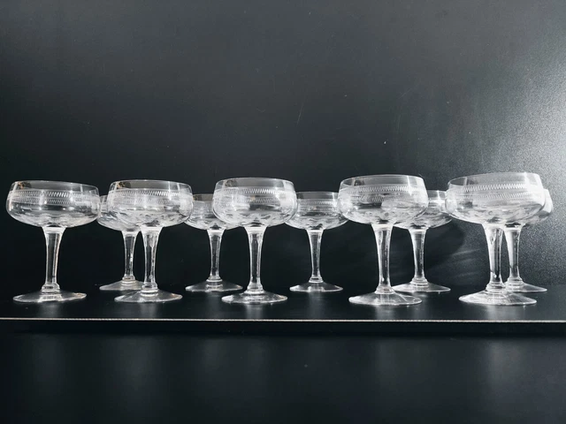 Baccarat 10 Coupes Champagne Cristal Gravé Début 20th Art Déco Verre France