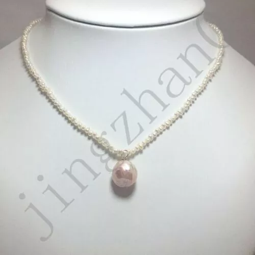 18" AAA Mini Akoya White Pearl Necklace Big 10mm Baroque Pendant 14k Gold P