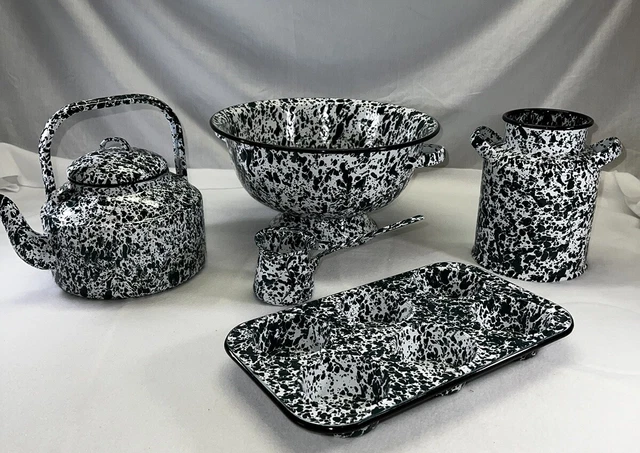 NOB CGS International Enamelware 6 Piece Green White Splatter Kitchenware