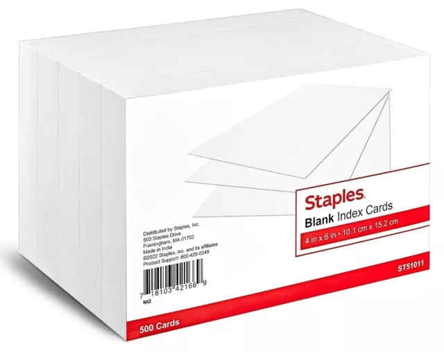 Staples 233502 Blank 4-Inch X 6-Inch Index Cards White 500/Pack (51011) New