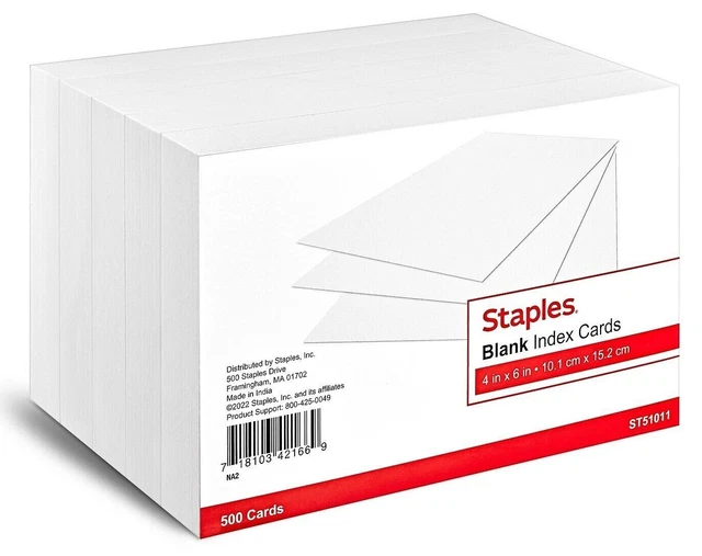 Staples 233502 Blank 4-Inch X 6-Inch Index Cards White 500/Pack (51011) New