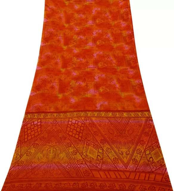 Jahrgang Orange Sari Seide Mischung Recycelter Stoff Frauen Blumen Saree SI14458