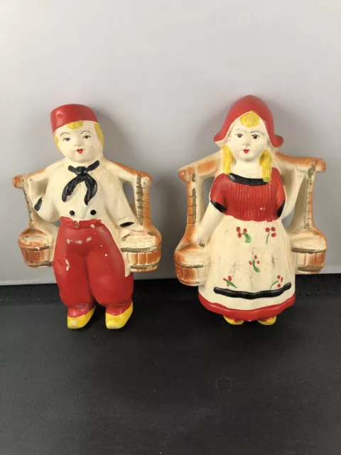 Vintage Chalk Ware Dutch Boy & Girl Wall Plaques Carrying Buckets 