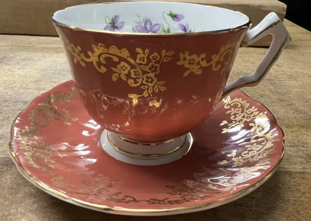 Vintage Aynsley Pink Gold Wild Violets Bone China Tea Cup & Saucer Crocus Shape