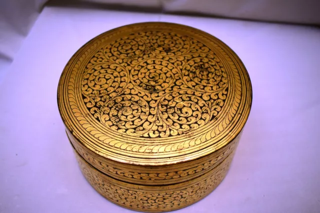 Antique Burmese Betel Nut Box Gilt Lacquerware Myanmar Floral Gold Painted Old"5 3