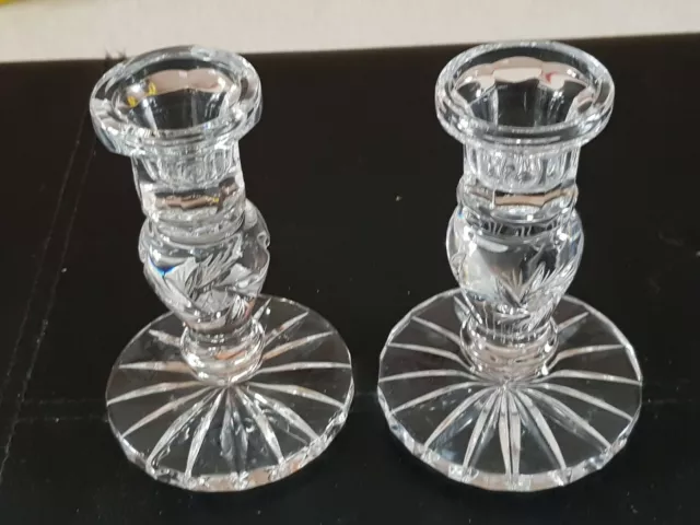 Beautiful pair of lead crystal cut glass candle sticks 5" tall