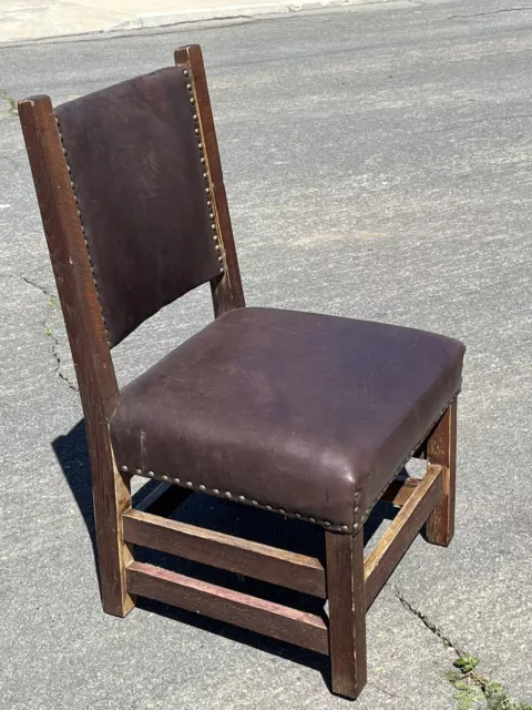Arts crafts mission oak chair Leather Seat Back Stickley Era Antique 2