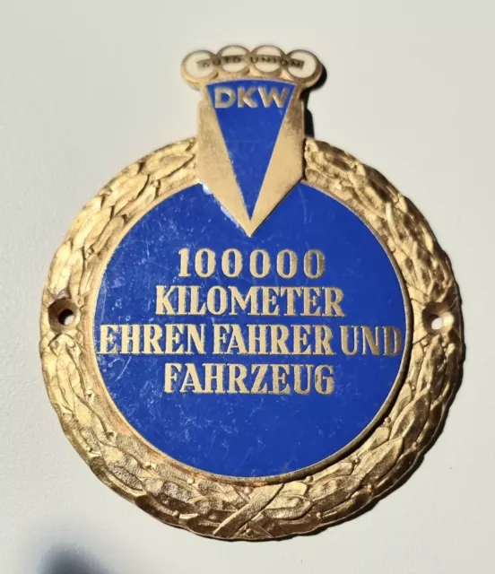 DKW AutoUnion Plakette 100000 Kilometer KM emailliert "Preissler"- Maße 79x98mm
