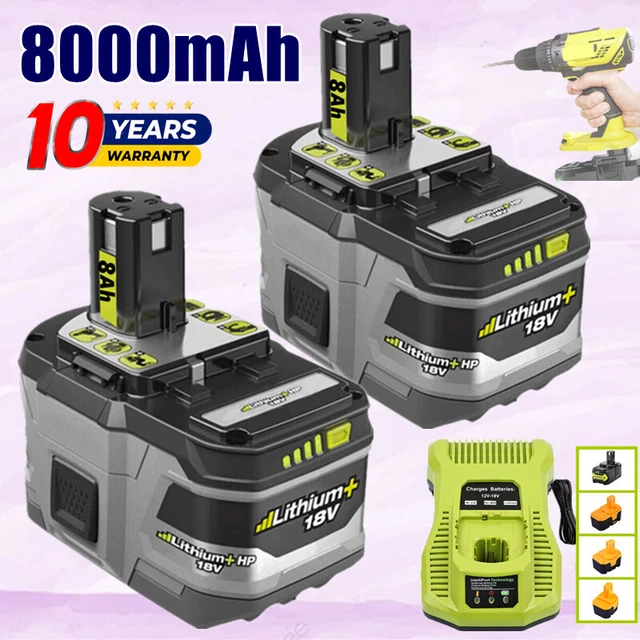 2x 18V 8.0Ah Li-Ion Battery For Ryobi One+ Plus P108 RB18L50 P107 6Ah / Charger