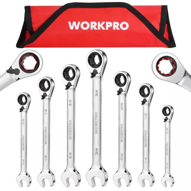 WORKPRO 3-in-1 Reversible Ratchet Wrench Set 7PC SAE 5/16-3/4" 6PT 12PT Open-End