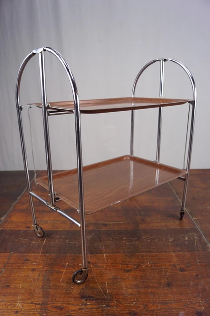 Table D'appoint Bar Chariot Vintage Années 70 - Design Space Age Orange Et Chrome - Occasion