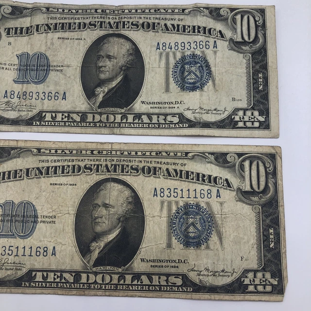 1934 A & 1934  $10 Ten Dollar Silver Certificate Note Blue Seal 5