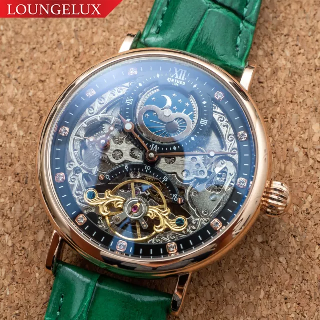 Mens Dual Time Automatic Mechanical Skeleton Watch Rose Gold Green Leather