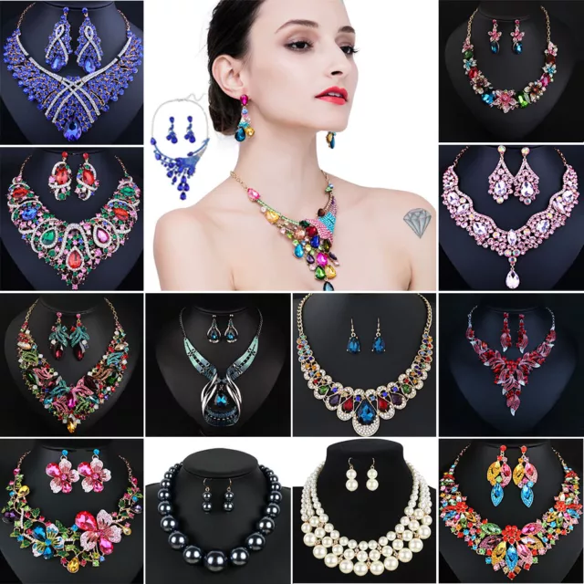 Womens Rhinestone Choker Chunky Statement Pendant Necklace Party Jewelry Sets