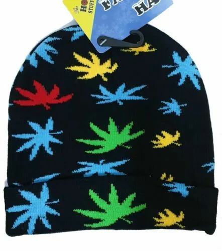 Men`s Ladies Warmth Winter Chunky Ganja Leaf Design Woolly Knitted Beanie Hat