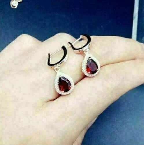 3Ct Pear Lab-Created Garnet Halo Women's Drop Earrings 14k White Gold Plated