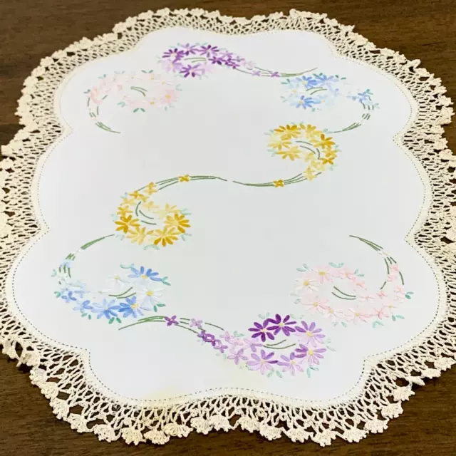 Pastel Floral Swirls -Large Embroidered Cream Linen Oval DOILY 50x36cm (Marked) 3