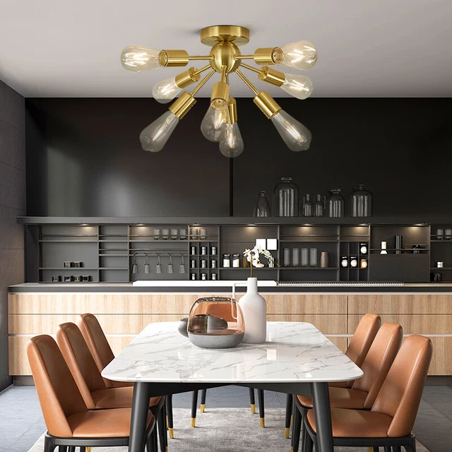 Gold Sputnik Chandelier Brushed Brass Semi Flush Mount Ceiling 8 Lights