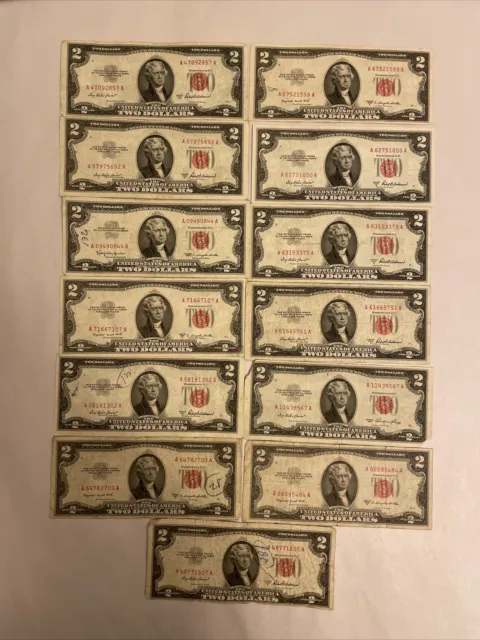 1953 Two Dollar Bill United States Red Seal Legal Tender Bank Note Lot Of 13