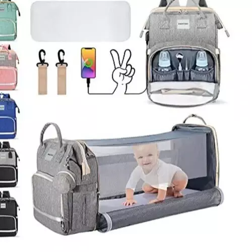 Heatoo Changing Station/Diaper Bag Backpack with USB Charging Port Black/Silver