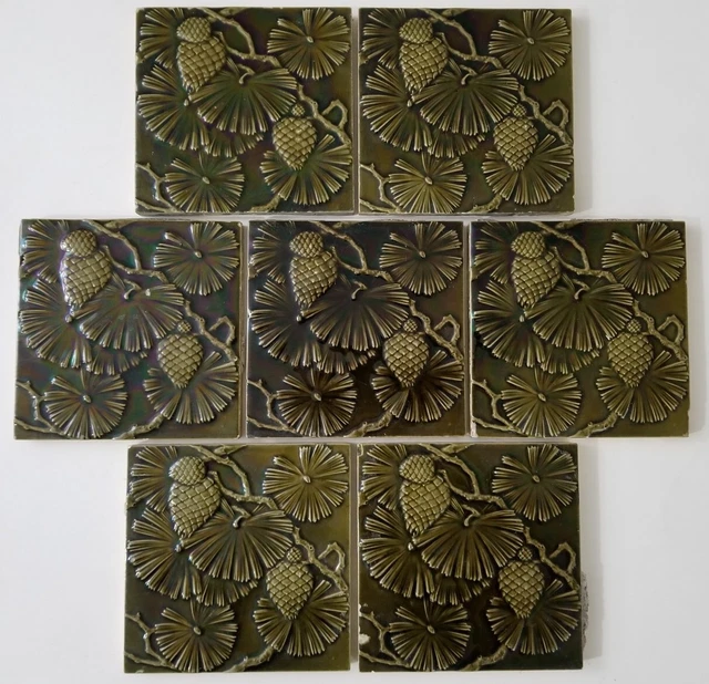 7 Antique Minton Pinecone Iridescent Encaustic Tile Arts and Crafts Ceramic