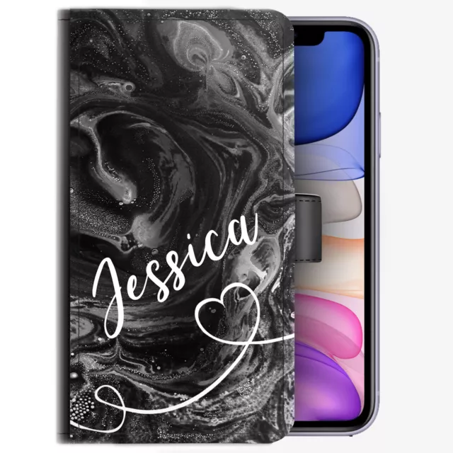 Personnalisé Initiale Téléphone Étui ; Nom & Coeur Noir Marbre Cuir PU