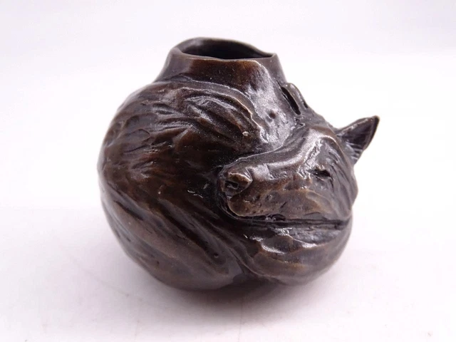 Native American Indian Art Sculpture Bronze Pot Fox Figural Bowl Vase Signed