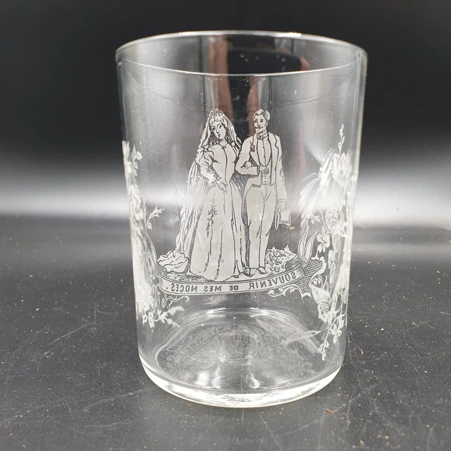 VERRE MARIAGE SOUVENIR DE MES NOCES COUPLE & OISEAUX ART NOUVEAU SIGNE FIN XIXe 2