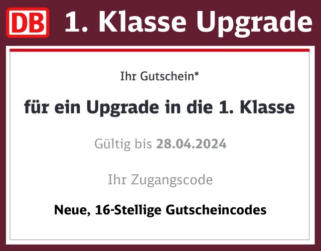 DB DEUTSCHE BAHN 1. Klasse Upgrade Ticket Gutschein Coupon Code Fahrt EUR 32,90 PicClick DE