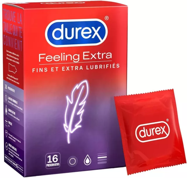 Durex FEELING EXTRA - 16 Préservatifs Homme Fins et Extra Lubrifiés