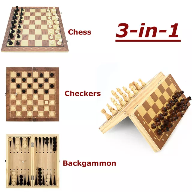 3-in-1 Chess Set Magnetic Wooden Board Folding Portable Chessboard Backgammon AU