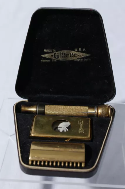 Vintage 1920s Gillette Old Type Gold Tone Open Comb Safety Razor In Case