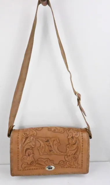 Vintage hand made tooled crossbody bag in tan