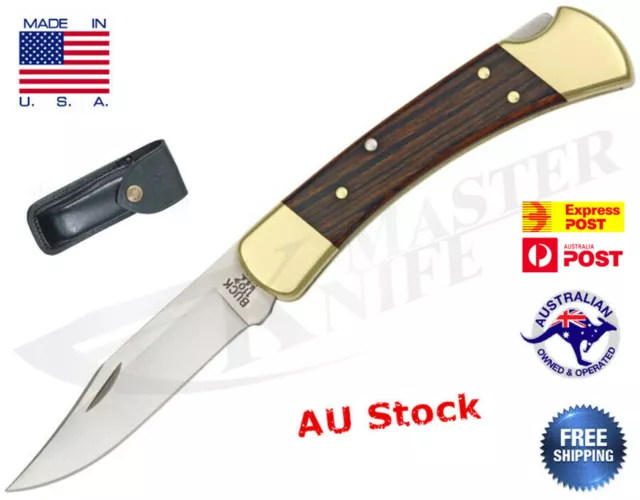 Genuine Buck 110 Folding Hunting Blade, Ebony Handle Leather Sheath USA