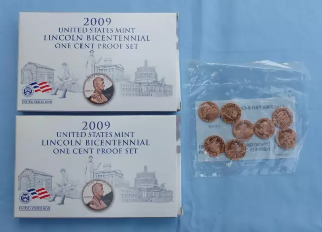 2 2009 Lincoln Bicentennial One Cent Proof Sets & Littleton Unc 8-Coin Set