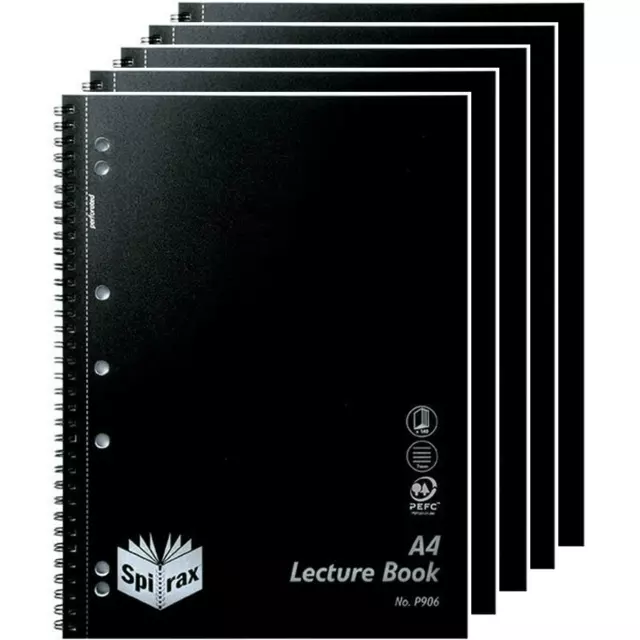 NEW 5x Spirax P906 Lecture Book 7mm Ruled 7 Hole Punched Wiro Bound A4 Black BUL