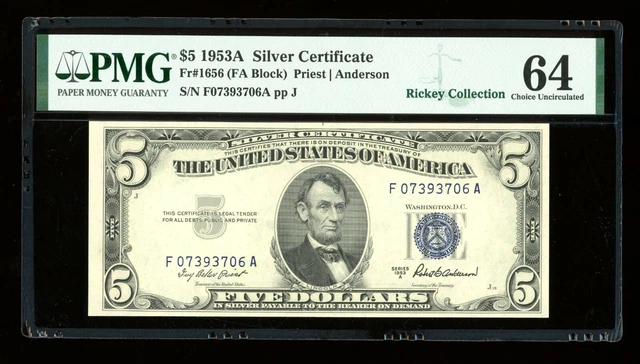 DBR 1953-A $5 Silver Fr. 1656 FA Block PMG 64 Serial F07393706A