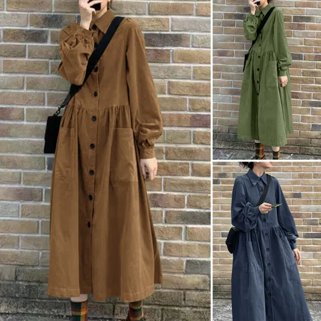 ZANZEA Womens Winter Long Sleeve Button Casual Loose Corduroy Midi Shirt Dress