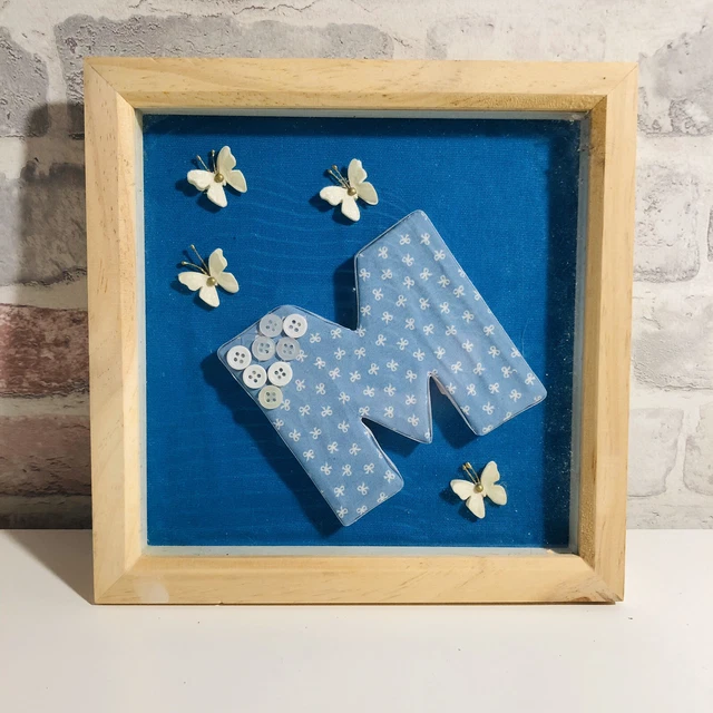 Wooden Framed Blue 'M' Monogram Initial Fabric Art - Butterflies, Bows & Buttons