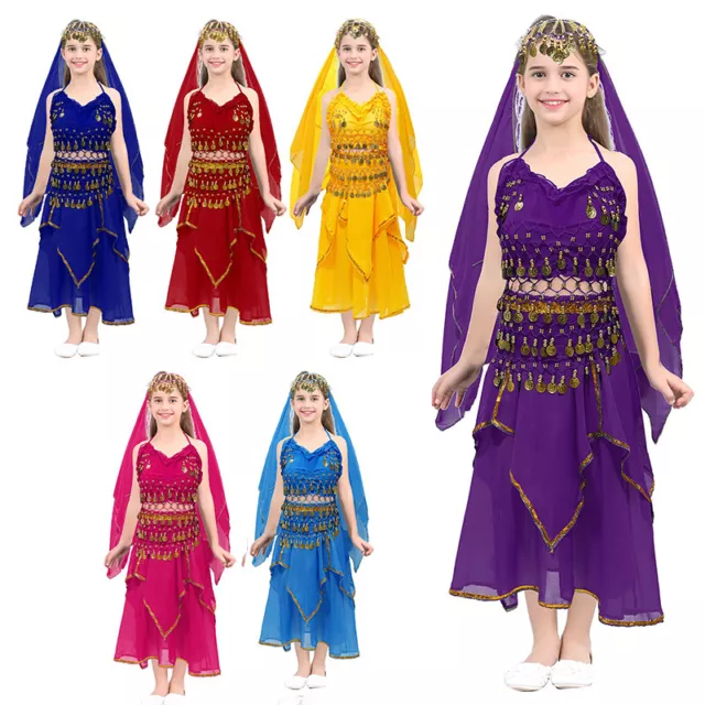 Kids Girls Belly Dance Outfit Carnival Crop Top+Skirt+Hip Scarf+Headscarf Fancy