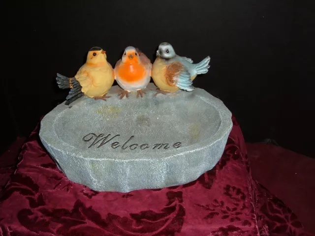 Three Cute Birds Sitting On Welcome Bird Bath  4 1/2" X 10" X 10"  54229 Resin