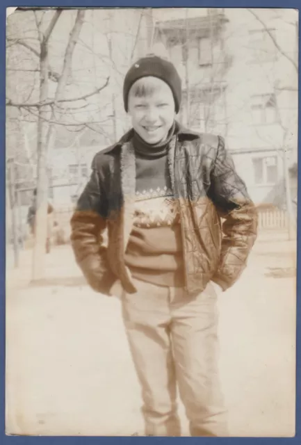 Beautiful Boy in a cap in a jacket, Cute Child Soviet Vintage Photo USSR
