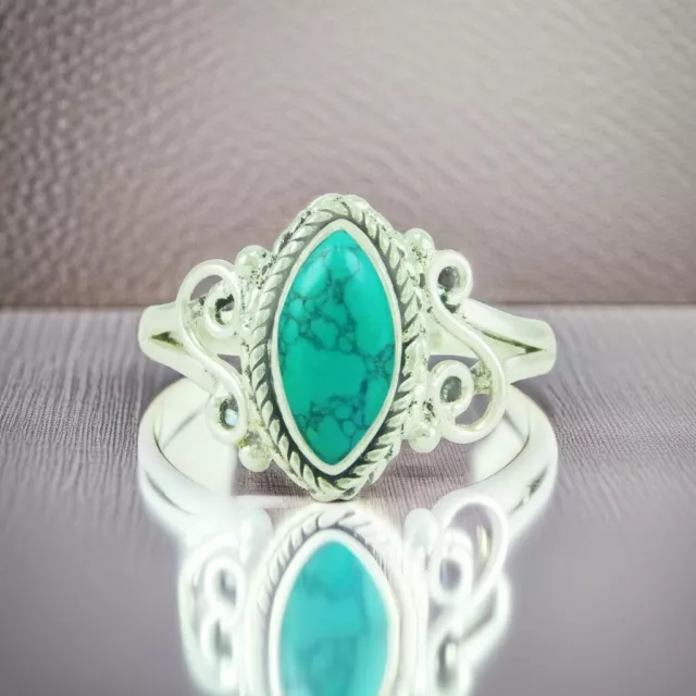 Handcrafted 925 Sterling Silver Marquise Ring with Turquoise Gemstone Jewelry