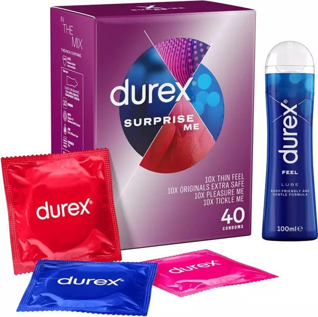 Durex Surprise Me 40 Mixed Latex Condoms Thin Thick Ribbed+ Feel Lube Gel 100ml