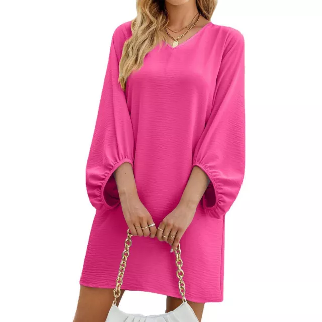 Women's Pure Color V-Neck Seven -Point Sleeve Bubble Sleeve Loose Dress-Rose Red