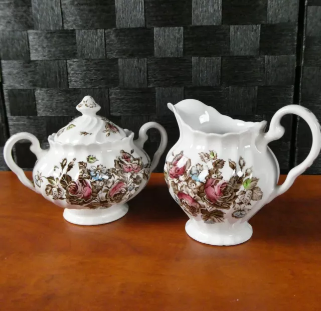 Johnson Bros Creamer Sugar`Bowl Set Devon Sprays Made in England Vintage