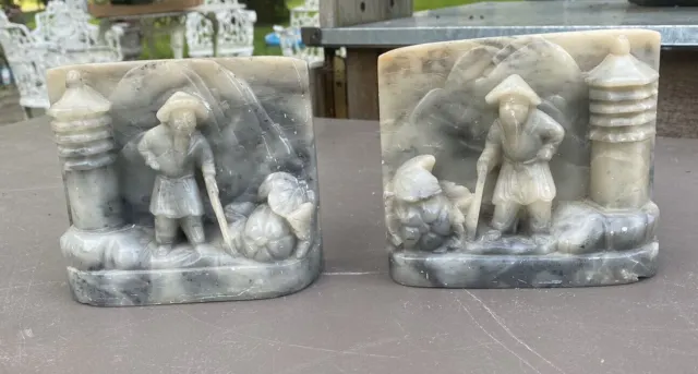 Pair Of Antique Marble Or Alabaster Carved Oriental Inspired Bookends