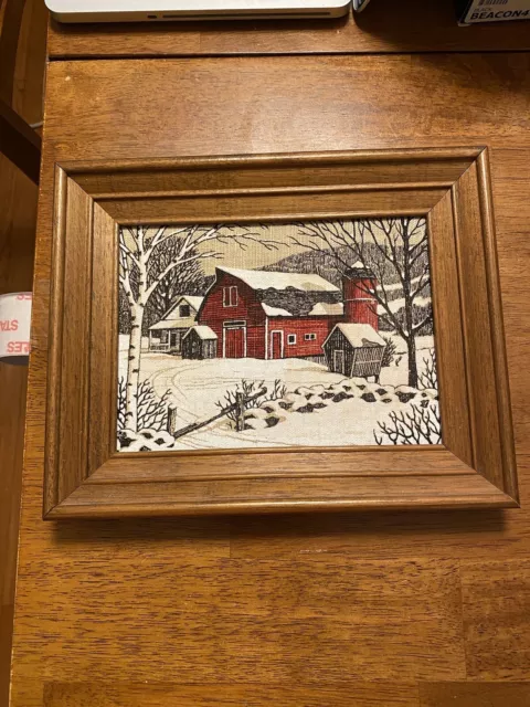 Vintage KAY DEE HandPrints 100% Pure Linen Framed Art Winter Scene #8 8" X 6"