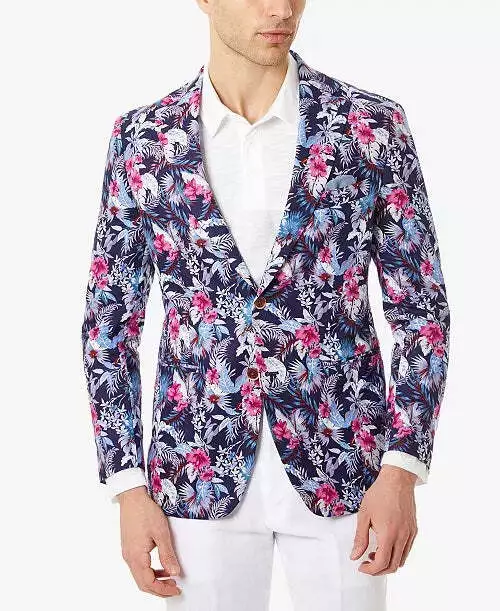 Tallia Men's Slim-Fit Magenta & Blue Floral Blazer 44R Sport Coat